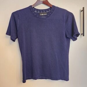 Vintage Sag Harbor 90s Navy Blue Short Sleeve Sequin Crochet Neck Sweater Small